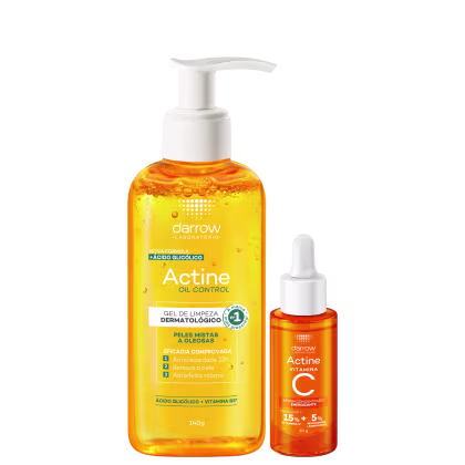 Dois produtos Darrow: um gel de limpeza dermatológico Actine com ácido glicólico e um sérum concentrado Actine Vitamina C, ambos em embalagens plásticas de cores laranja e branca.