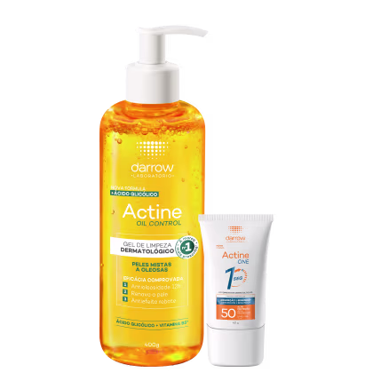 Dois produtos da marca Darrow: um frasco de gel de limpeza dermatológico Actine Oil Control com 400g, em embalagem laranja, e um tubo de protetor solar Actine One FPS 50 com 40g, em embalagem branca.
