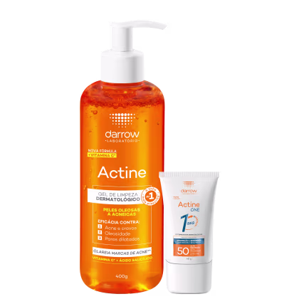 Gel de limpeza dermatológico Actine da Darrow com vitamina C, em frasco branco com bomba dosadora, e tubo de protetor solar Actine One FPS 50, em embalagem branca.