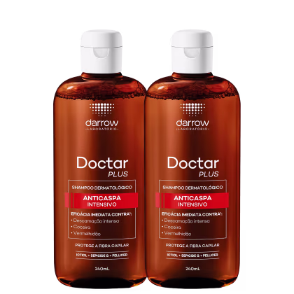 Dois frascos de shampoo dermatológico Darrow Doctor Plus, com embalagem de 240ml cada, indicando eficácia imediata contra coceira, descamação e vermelhidão. Protege a fibra capilar com Ictiol, Sepicide G e Pellicer.