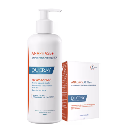 Shampoo antiqueda Anaphase+ da Ducray em frasco branco de 400ml com bomba dosadora e caixa laranja contendo suplemento Anacaps Activ+ da mesma marca.