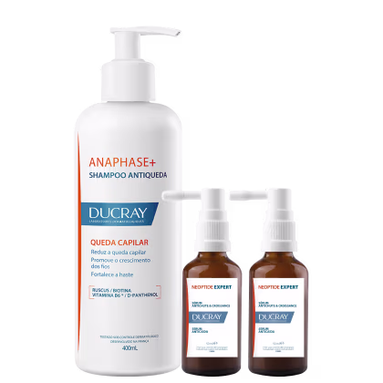 Shampoo Antiqueda Anaphase+ da Ducray com 400ml e dois frascos de sérum anticaspa e crescimento Neoptide Expert da mesma marca, em embalagens brancas e marrons com detalhes em azul.