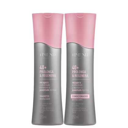 Dois frascos de shampoo e condicionador da linha Amend Expertise 40+ Prolonga & Regenera, com embalagens rosa e cinza, contendo 250ml cada, com informações sobre os benefícios do produto.