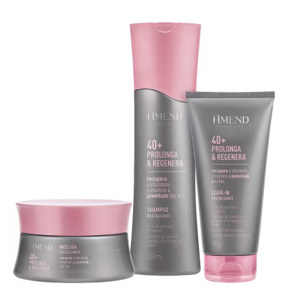 Conjunto de produtos Amend Cosméticos 40+ Prolonga & Regenera, incluindo shampoo revitalizante, leave-in revitalizante e máscara revitalizante em embalagens rosa e cinza.
