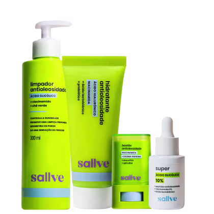 Produtos de beleza da marca Sallve, incluindo um limpador antioleosidade em frasco verde, um hidratante antioleosidade, um bastão antioleosidade e um soro de ácido glicólico em embalagens verdes e brancas.