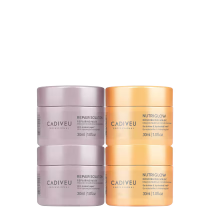 Quatro potes de máscara capilar da marca Cadiveu, 
sendo duas máscaras Repair Solution) e
 duas Nutriglow, com 30ml cada