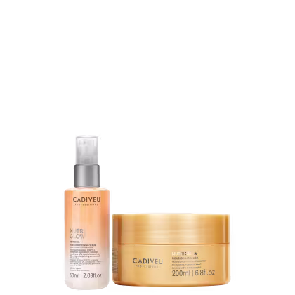 Dois produtos da marca Cadiveu Professional: um frasco óleo de 60ml de Nutri Glow, e um pote de 200ml de Nutri Glow, uma máscara nutritiva, ambos com embalagens em tons de laranja e branco.