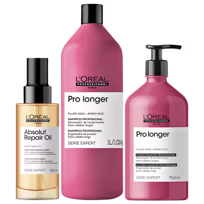 Três produtos da linha L'Oréal Professionnel: um frasco de óleo Absolut Repair, um frasco de shampoo Pro Longer e um frasco de condicionador Pro Longer, com embalagens em tons de rosa e dourado.