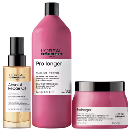 Produtos L'Oréal Professionnel: Shampoo Pro Longer, Tratamento Condicionante Pro Longer e Óleo Absolut Repair, em embalagens de plástico e vidro com cores rosa e dourada, exibindo rótulos e informações sobre os benefícios dos produtos.
