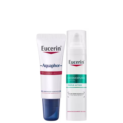 Dois produtos Eucerin: um tubo de creme Aquaphor para reparação de lábios secos e ressecados, e um frasco de spray Dermopure para ação tripla no cuidado da pele.