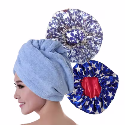 Imagem do produto Kit toalha de cabelo, touca de banho e touca cetim