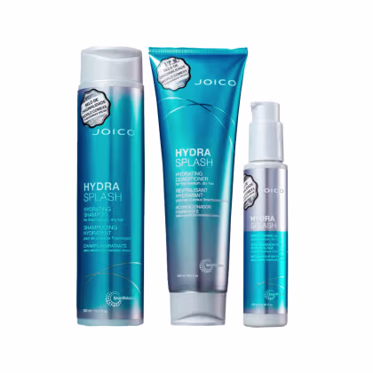 Produtos de cuidados capilares da marca Joico, incluindo shampoo, condicionador e spray hidratante, em embalagens com cores predominantes de azul e branco, com rótulos indicando os nomes "Hydra Splash".