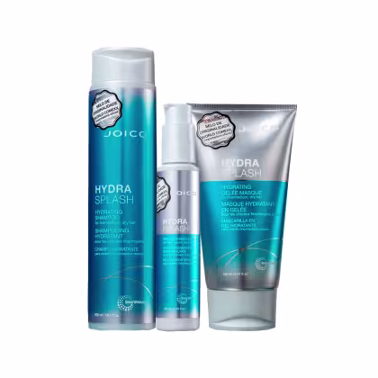 Conjunto de produtos Joico Hydra Splash, incluindo shampoo hidratante, máscara em gel e embalagens em tons de azul e prata com rótulos destacando a originalidade e a hidratação.