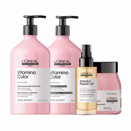 Conjunto de produtos L'Oréal Professionnel, incluindo shampoo, condicionador e óleo reparador da linha Vitamino Color e Serie Expert, em embalagens plásticas com cores rosa e dourada.