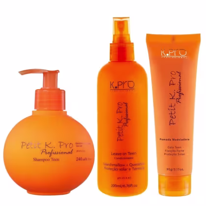 Kit K.Pro Petit - Shampoo 240ml + Leave-In Teen 220ml + Pomada Modeladora 90g com embalagens em tom laranja