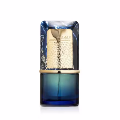 Frasco de perfume Al Nashama Caprice da Lattafa com design elegante em tons de azul e dourado.