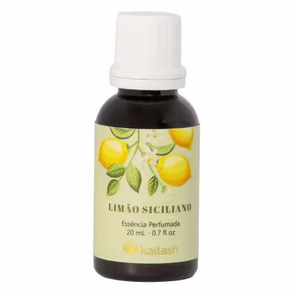 Frasco de essência perfumada de limão siciliano da marca Kailash, com 20 ml de conteúdo. O rótulo apresenta ilustrações de limões e folhas verdes em fundo amarelo claro.