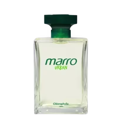 Frasco de perfume Marro Urban da marca Chlorophylla, com tampa verde e rótulo branco com o nome da marca em verde. O frasco é de vidro transparente, com formato retangular.