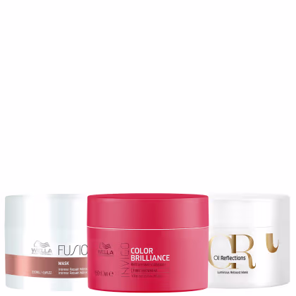 Três produtos da marca Wella Professionals: uma máscara de reparação intensa em frasco branco, um tratamento de brilho de cor em embalagem vermelha e uma máscara de reconstrução luminosa em frasco branco.
