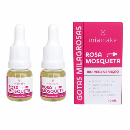 Dois frascos de óleo de Rosa Mosqueta da marca Miamake, com 10 ml cada, em embalagem rosa com texto informativo sobre os benefícios do produto, como bio regeneração, anti stress e anti inflamatório.