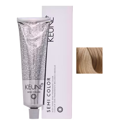Caixa branca e tubo de tinta de cabelo da marca Keune Semi Color, com texto em preto