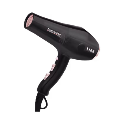 Secador de cabelo Tourmaline da Lizz Professional, com design compacto e corpo preto. Apresenta o nome da marca "Lizz" em destaque na lateral do aparelho.