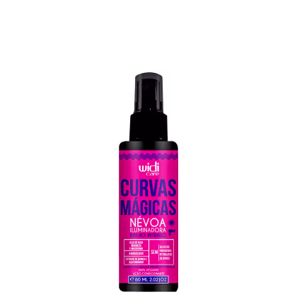 Frasco preto com rótulo rosa e azul da linha "Curvas Mágicas" da marca Widi Care. O produto é uma névoa iluminadora de brilho intenso, sem sulfatos e parabenos.