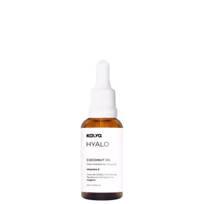 Frasco de óleo de coco Hyalo da marca Kalya, com 20ml de conteúdo. Embalagem branca com rótulo em preto e laranja.