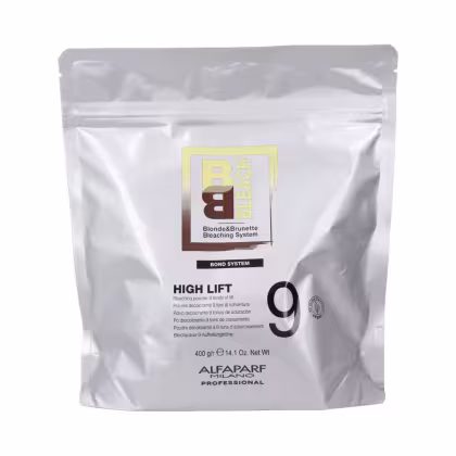A imagem mostra um pacote plástico metalizado identificado como "High Lift 9" e contém 400g. O design do pacote apresenta o logotipo da Alfaparf e as informações do produto em inglês.