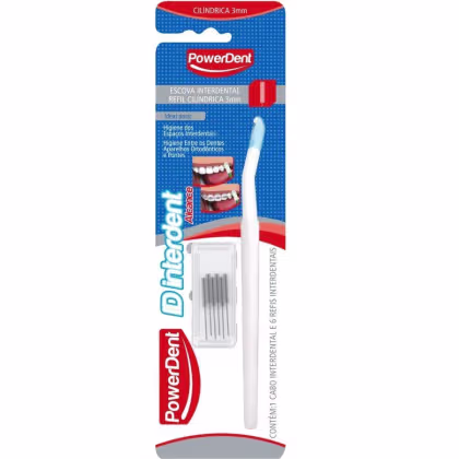 Escova interdental Powerdent com refil cilíndrico de 3mm, em embalagem com fundo azul e detalhes vermelhos, apresentando informações sobre o produto e sua utilização.