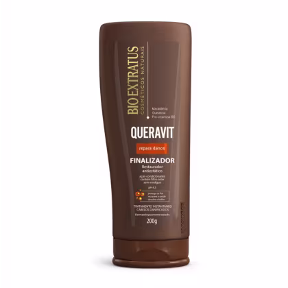 Frasco de 200g do finalizador Queravit da Bio Extratus, com rótulo em tons de marrom e laranja, contendo informações sobre os ingredientes e benefícios do produto para reparar danos nos cabelos.
