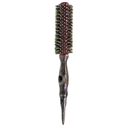 Escova de cabelo cilíndrica com cerdas vermelhas e brancas, com cabo transparente.