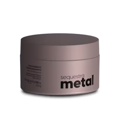 Tratamento condicionante Acquaflora em embalagem de 250g, com design minimalista em tons de cinza e texto "Sequestra metal" destacado.