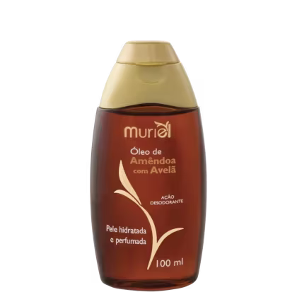 Frasco de óleo de amêndoa com avelã da marca Muriel, com 100 ml de volume, embalagem em tons de marrom e amarelo, com rótulo destacando a ação desodorante e a pele hidratada e perfumada.