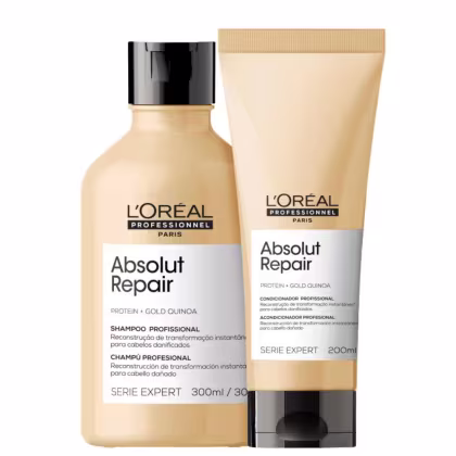 A imagem mostra dois produtos de cuidado capilar da linha Absolut Repair da L'Oréal Professionnel. Um é um shampoo em um frasco plástico bege de 300ml. O outro é um condicionador em uma embalagem plástica bege de 200ml.