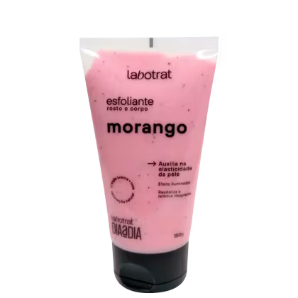 O produto apresentado é um esfoliante corporal da marca Labotrat, com aroma de morango. A embalagem é um tubo plástico rosa, com o nome da marca e do produto claramente visíveis.