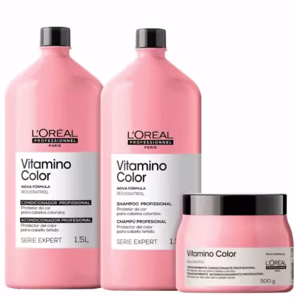 Kit L'Oréal Professionnel Serie Expert Vitamino Color Salon Trio com shampoo, condicionador e máscara capilar.