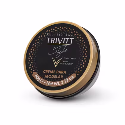 Pote preto e dourado de creme modelador da marca Trivitt Style, com rótulo em preto e dourado indicando "Creme para Modelar". O produto é apresentado em embalagem de 60g.