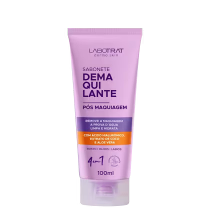O produto apresentado é um sabonete desmaquiante da marca Labotrat, com a denominação "Sabonete Demaquilante" em destaque. O tamanho do produto é de 100ml.