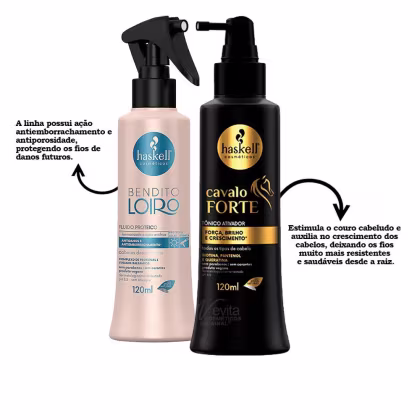 A imagem mostra um fluido de tratamento da linha bendito loiro e um tônico capilar da linha Cavalo Forte da marca Haskell.
