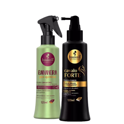 A imagem mostra um fluido de tratamento da linha bananeira e um tônico capilar da linha Cavalo Forte da marca Haskell.