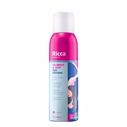 Frasco de shampoo a seco sem perfume da marca Ricca, com embalagem predominantemente rosa e azul, contendo 150ml do produto.