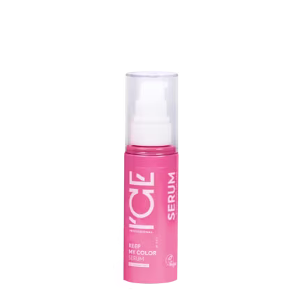 Frasco de soro para cabelos da marca Ice Professional, com rótulo rosa e branco, contendo texto "Keep my color serum".