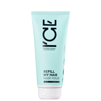 Bisnaga branca de máscara capilar da marca Ice Professional, com rótulo preto e texto "REFILL MY HAIR HAIR MASK for dry & damaged hair".
