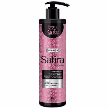 Shampoo da linha Satira Hidratação da marca Lizz ante Professional. O rótulo do produto possui um design com padrões geométricos em tons de rosa, destacando o nome "Satira Hidratação" e a marca "Lizz ante Professional". O frasco contém 300ml de produto.