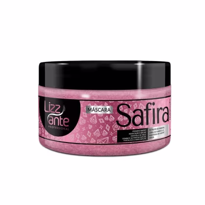 Máscara capilar. O rótulo exibe o nome "Safira" e menciona que o produto contém extrato de babosa, cera de cana-de-açúcar e ureia, indicando que se trata de um tratamento para cabelos.