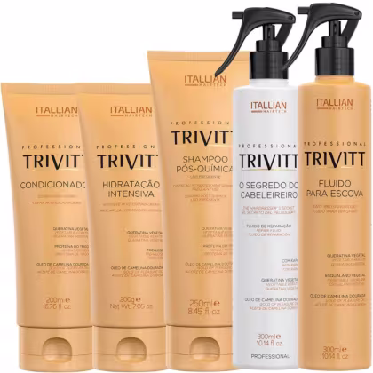 A imagem mostra uma linha de produtos para cabelos da marca Itallian Hairtech. Os produtos incluem shampoo pós-química, condicionador, creme de hidratação intensiva, fluido para escova e um produto chamado "O Segredo do Cabeleireiro".