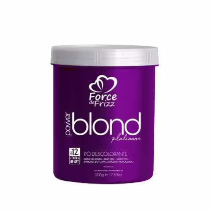 Pó descolorante Power Blond Platinum da Force de Frizz, em embalagem plástica roxa com tampa branca, contendo 500g do produto para uso profissional.