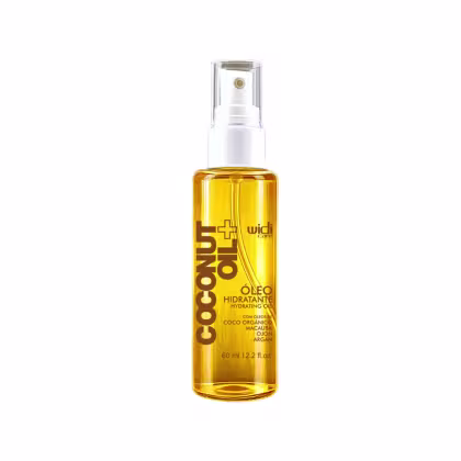 Frasco de óleo hidratante Widi Care Coconut Oil, com 60 ml, em embalagem de plástico transparente com rótulo amarelo e branco, contendo informações sobre os ingredientes naturais do produto.