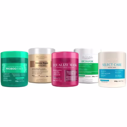 Kit com máscaras capilares Proboo Fiber, Extreme Repair, Equalize Mask, Biomask e Select Care, da marca Prohall Cosmetic.
